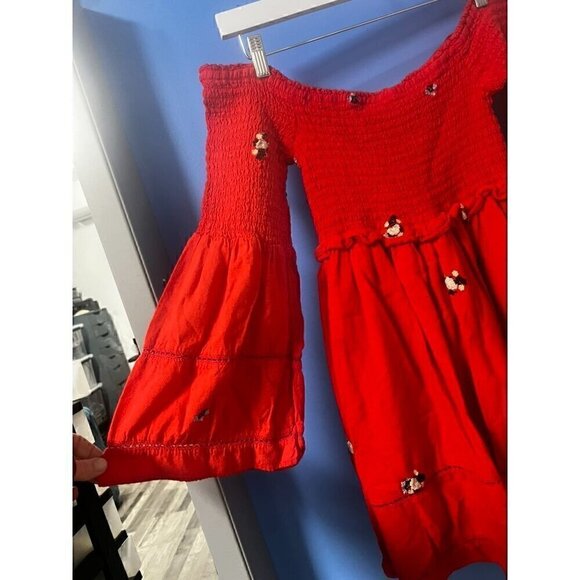 FREE PEOPLE Red Off-Shoulder Smocked Dress, Embroidered Floral, Flare Sleeve, XS - Picture 5 of 9